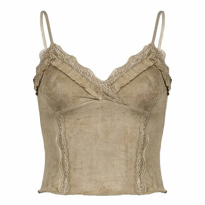 Chic Fairycore Lace Trim Cami Top with Bow Tie Detail - Y2K Denim Crop Top Style