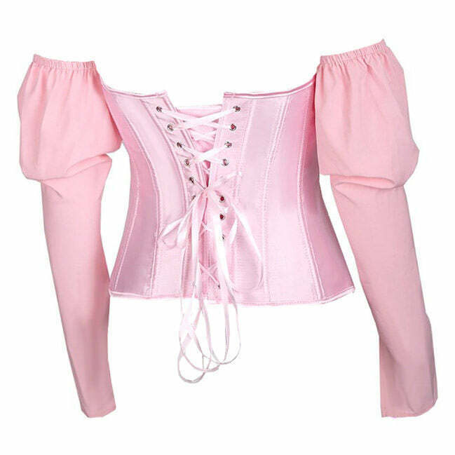 Chic Fairycore Long Sleeve Corset Top with Bow Tie Detail - Y2K Denim Crop Style