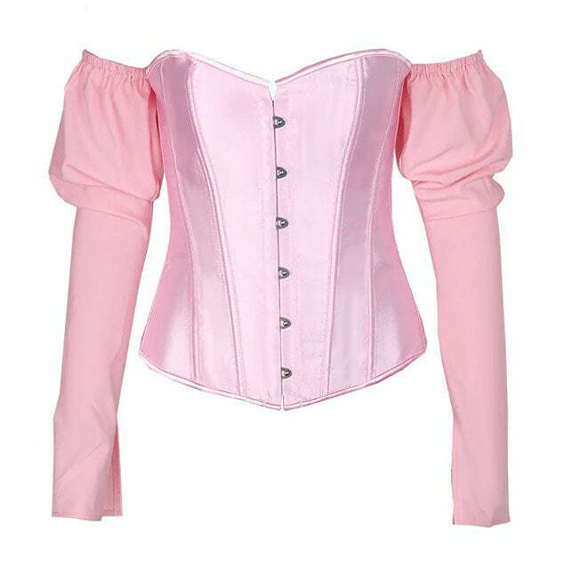 Chic Fairycore Long Sleeve Corset Top with Bow Tie Detail - Y2K Denim Crop Style