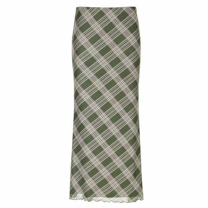 Chic Fairycore Plaid Maxi Skirt with Drawstring - Y2K Grey Cargo & Pleated Style