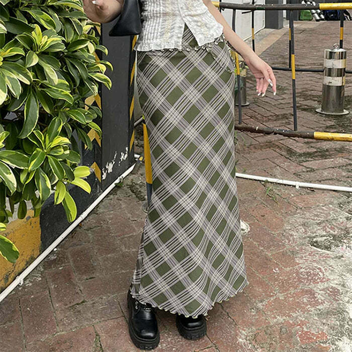 Chic Fairycore Plaid Maxi Skirt with Drawstring - Y2K Grey Cargo & Pleated Style