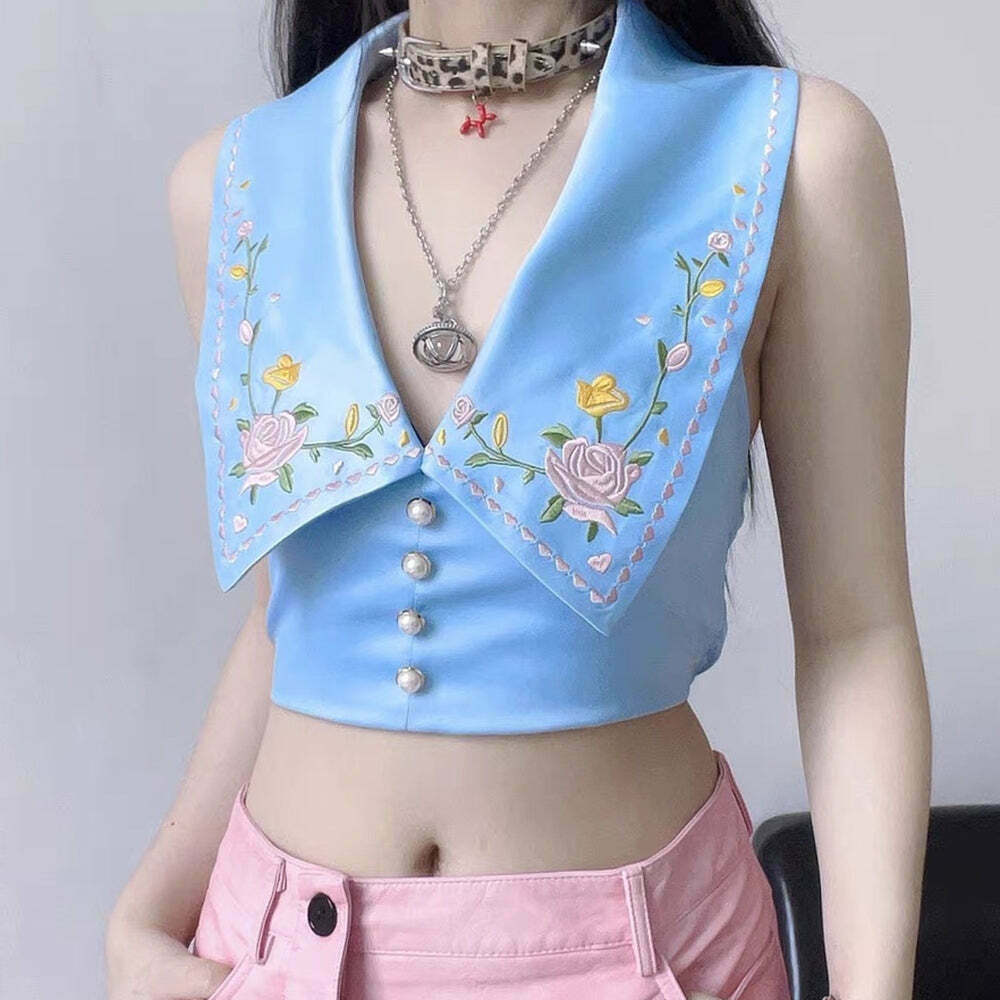 Chic Floral Embroidered Satin Vest - Vintage-Inspired Zip-Up Sweater for Y2K Style