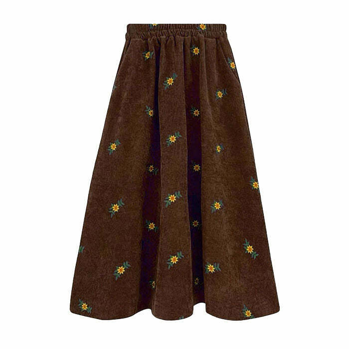 Chic Floral Embroidery Corduroy Skirt - Trendy Y2K Style with Drawstring Detail