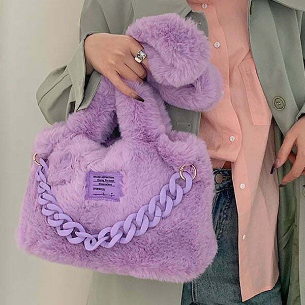 Chic Fluffy Chain Shoulder Bag - Trendy Y2K Aesthetic with Soft Texture and Stylish Design