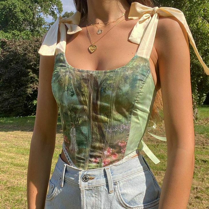 Chic Forest Fairy Corset Top with Bow Tie Detail - Y2K Denim Tube Crop Top for Trendsetters