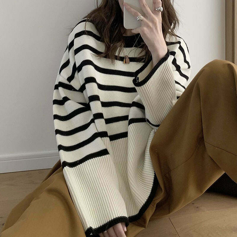 Chic French Aesthetic Striped Cropped Sweater - Y2K Style with Unique Embroidery Design