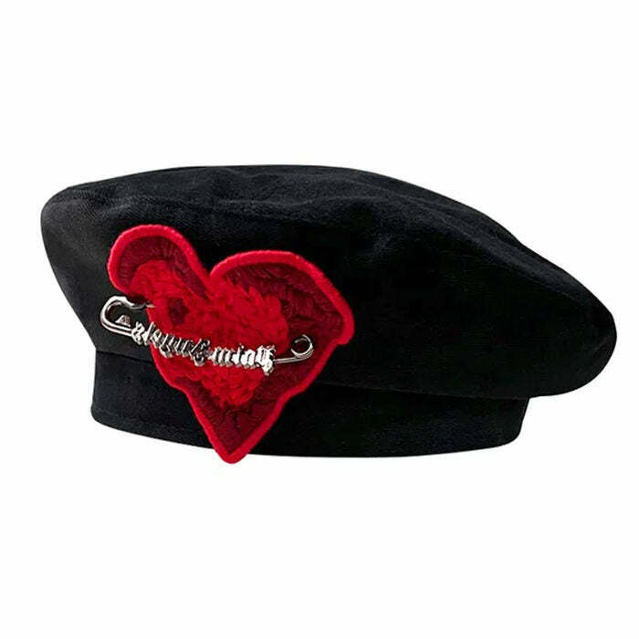 Chic French Kiss Heart Beret in Houndstooth Tweed - Kawaii Embroidered Halloween Style