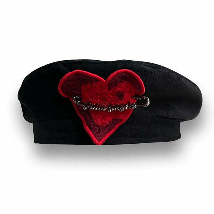 Chic French Kiss Heart Beret in Houndstooth Tweed - Kawaii Embroidered Halloween Style