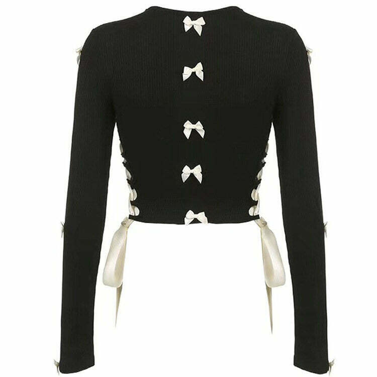 Chic French Maid Cut Out Long Sleeve Top with Bow Tie - Y2K Fairy Crop Top Style