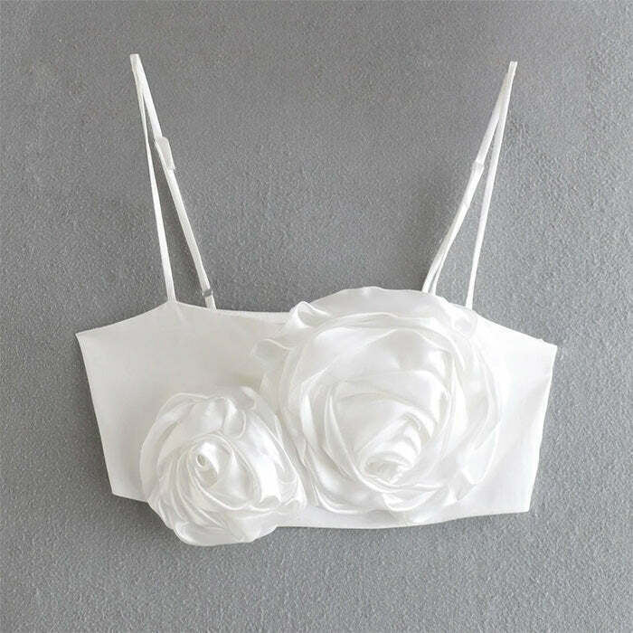 Chic French Rose Satin Bow Tie Crop Top - Y2K Aesthetic Denim Tube Top for Trendy Style