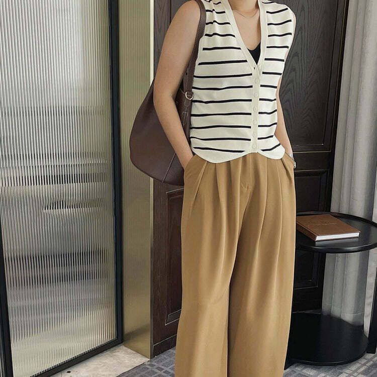 Chic French Striped Button-Up Vest - Trendy Tan and White Striped Sweater for Y2K Style