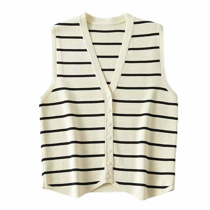 Chic French Striped Button-Up Vest - Trendy Tan and White Striped Sweater for Y2K Style