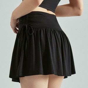 Chic French Sun Black Tennis Skirt with Drawstring - Y2K Style Bubble Skirt Fashion