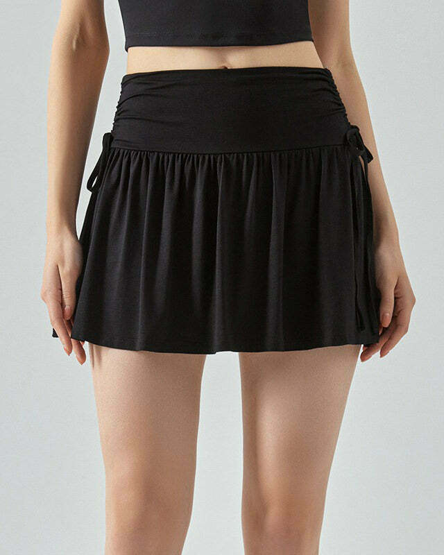 Chic French Sun Black Tennis Skirt with Drawstring - Y2K Style Bubble Skirt Fashion