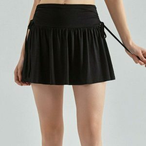 Chic French Sun Black Tennis Skirt with Drawstring - Y2K Style Bubble Skirt Fashion