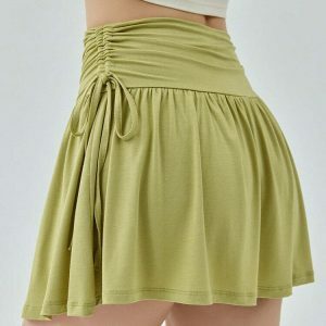 Chic French Sun Green Tennis Skirt with Drawstring - Y2K Style Bubble Skirt Fashion