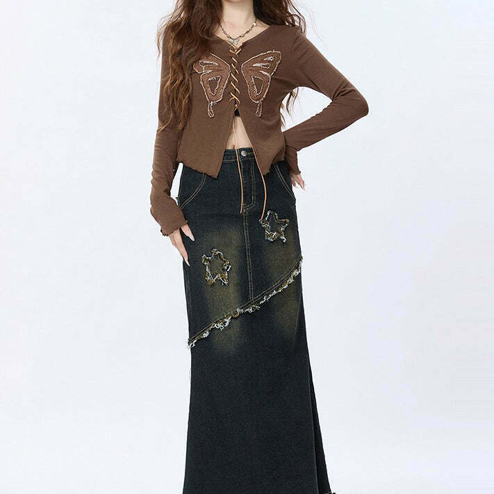 Chic Front Lace Butterfly Aesthetic Top - Trendy Denim Tube Style for Y2K Fashion Lovers