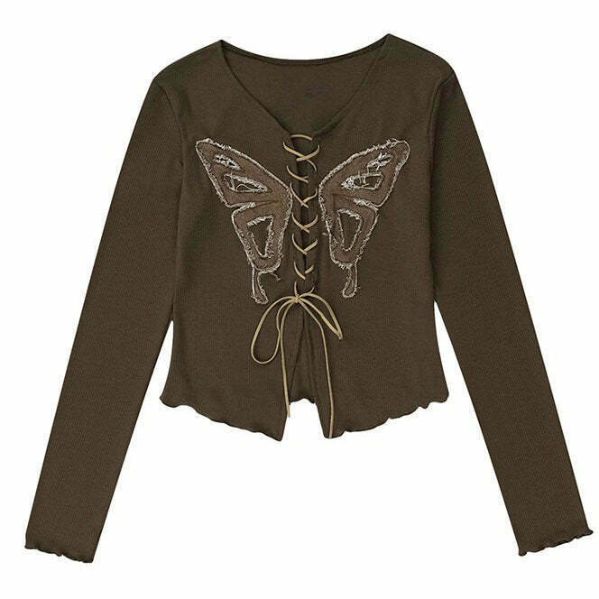 Chic Front Lace Butterfly Aesthetic Top - Trendy Denim Tube Style for Y2K Fashion Lovers