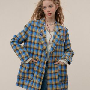 Chic Good Manners Oversized Plaid Blazer with Floral Embroidery - Vintage Y2K Style