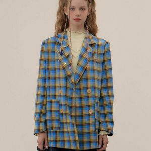 Chic Good Manners Oversized Plaid Blazer with Floral Embroidery - Vintage Y2K Style