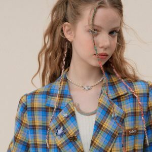 Chic Good Manners Oversized Plaid Blazer with Floral Embroidery - Vintage Y2K Style