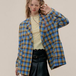 Chic Good Manners Oversized Plaid Blazer with Floral Embroidery - Vintage Y2K Style