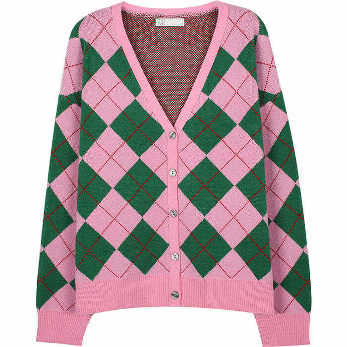 Chic Green & Pink Argyle Pattern Cardigan - Trendy Coquette Style for Y2K Fashion Lovers