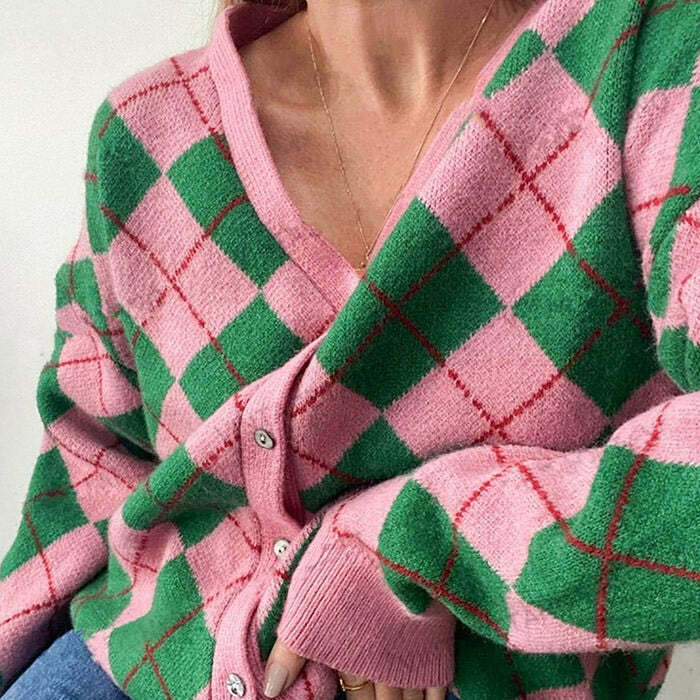 Chic Green & Pink Argyle Pattern Cardigan - Trendy Coquette Style for Y2K Fashion Lovers