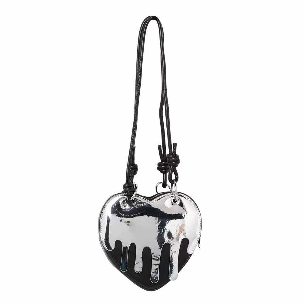 Chic Grunge Silver Drip Heart Handbag - Stylish Minimalist Accessory for Streetwear Lovers