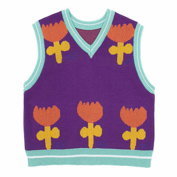 Chic Happy Flower Knit Vest - Vintage-Inspired Gothic Zip-Up Sweater for Y2K Style