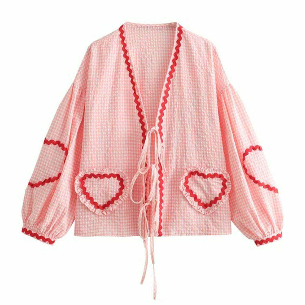 Chic Hearts Gingham Bow Tie Top - Y2K Fairy Crop Top with Stylish Ribbon Closure