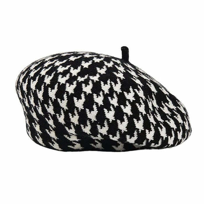 Chic Houndstooth Beret - Stylish Tweed Kawaii Hat for Halloween & Everyday Fashion