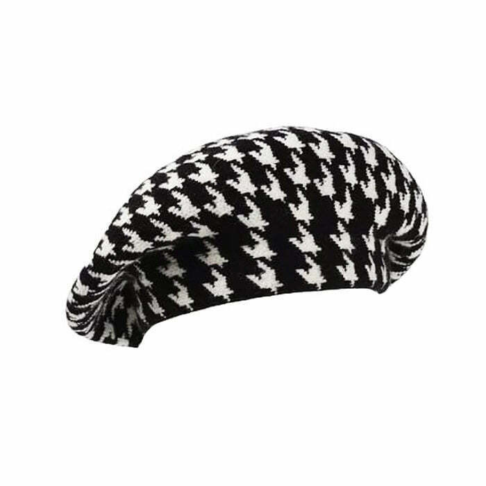 Chic Houndstooth Beret - Stylish Tweed Kawaii Hat for Halloween & Everyday Fashion