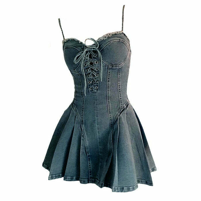 Chic Lace Up Denim Dress - Trendy Bohemian Style for Effortless Y2K Fashion Vibes