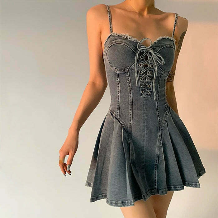 Chic Lace Up Denim Dress - Trendy Bohemian Style for Effortless Y2K Fashion Vibes