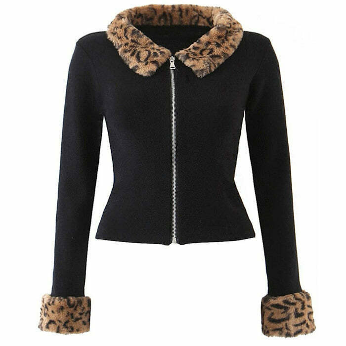 Chic Leopard Trim Zip Up Cardigan - Y2K Fashion Essential for Stylish Layering