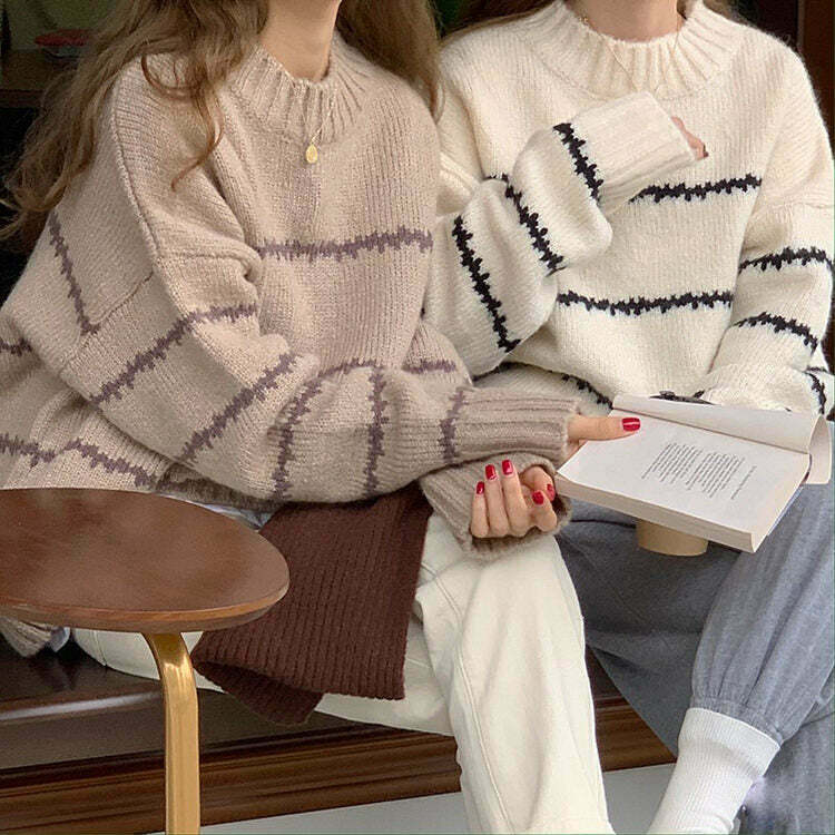 Chic Minimalist Aesthetic Striped Sweater - Cream Cropped Y2K Style with Unique Embroidery