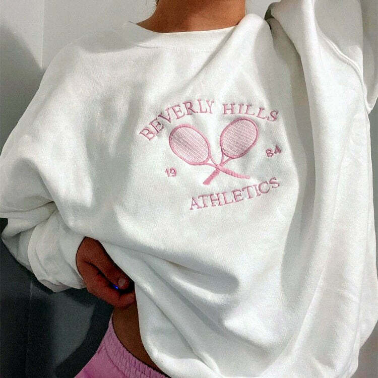 Chic Old Money Aesthetic Tennis Sweatshirt with Butterfly Design - Trendy Aesthetic Apparel