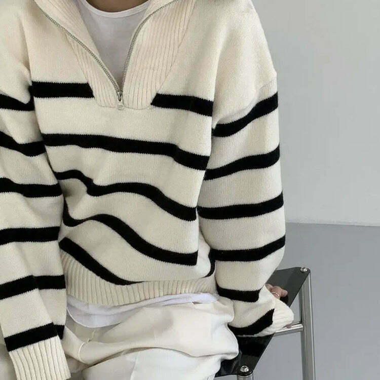 Chic Old Money Zip Up Striped Sweater - Trendy Y2K Style for Effortless Fashion Statements