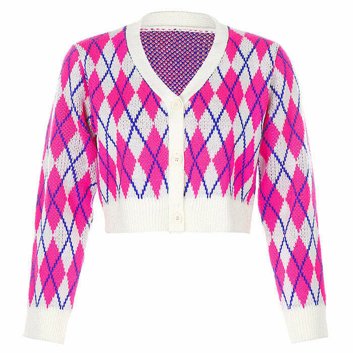 Chic Pink Argyle Check Cardigan - Trendy Y2K Style with Cozy Comfort and Versatile Appeal