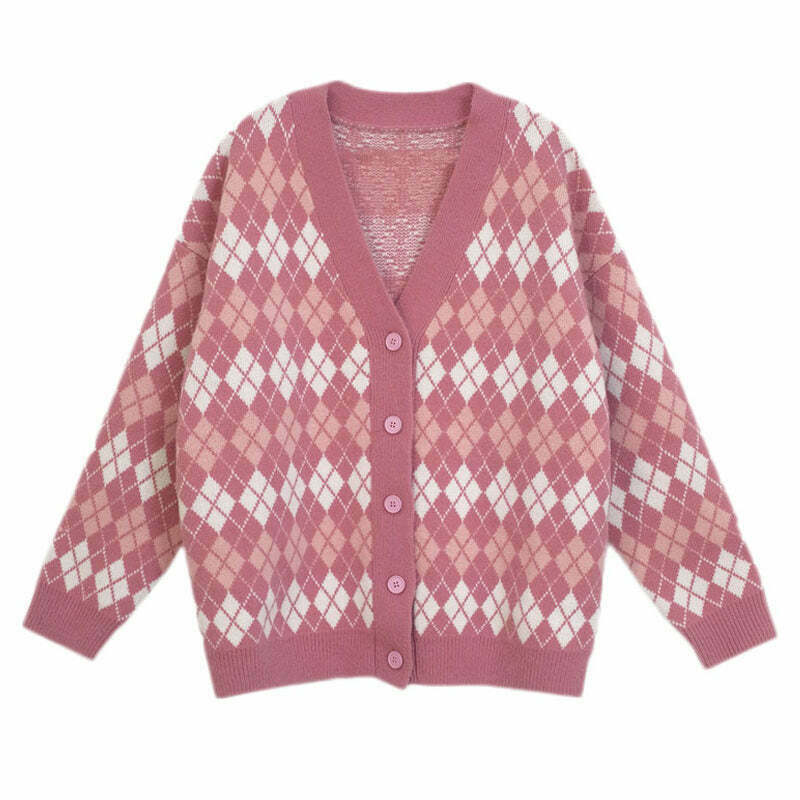 Chic Pink Argyle Knit Cardigan - Trendy Y2K Style with Cozy Comfort and Versatile Appeal