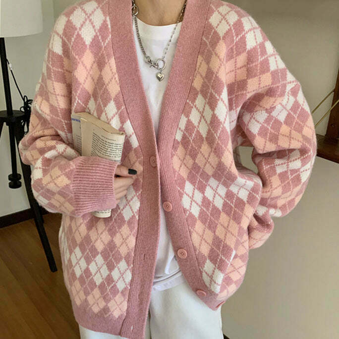 Chic Pink Argyle Knit Cardigan - Trendy Y2K Style with Cozy Comfort and Versatile Appeal