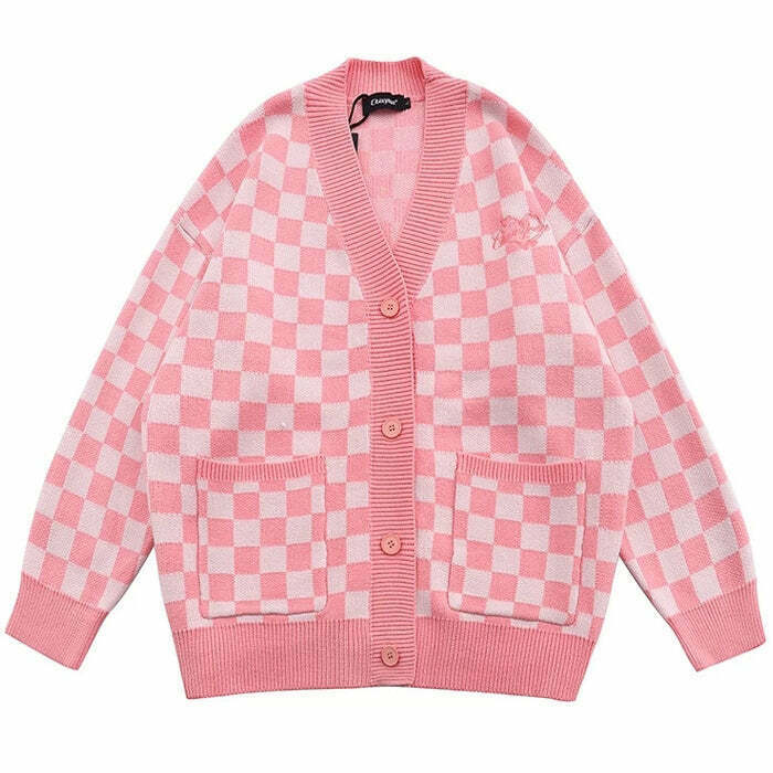 Chic Pink Checkered Cardigan - Trendy Y2K Style with Cozy Comfort and Versatile Appeal