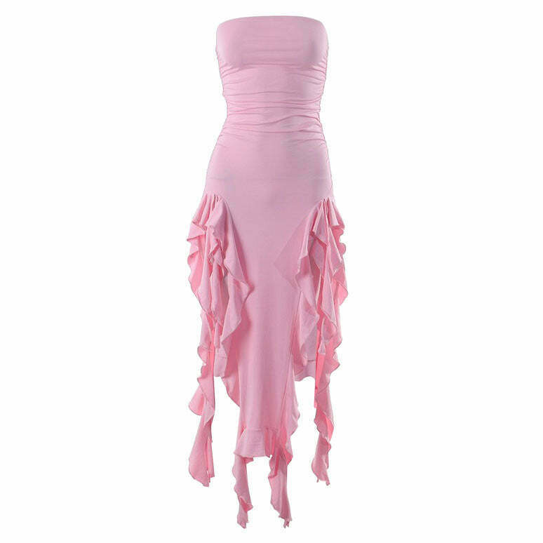 Chic Pink Plaid Ruffle Split Dress - Flirty Bohemian Style for Effortless Y2K Fashion