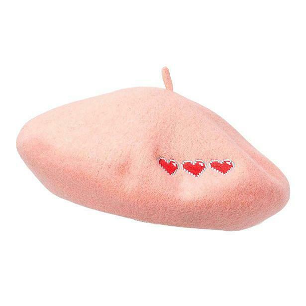 Chic Pixel Hearts Beret - Kawaii Embroidered Houndstooth Tweed for Retro Y2K Style