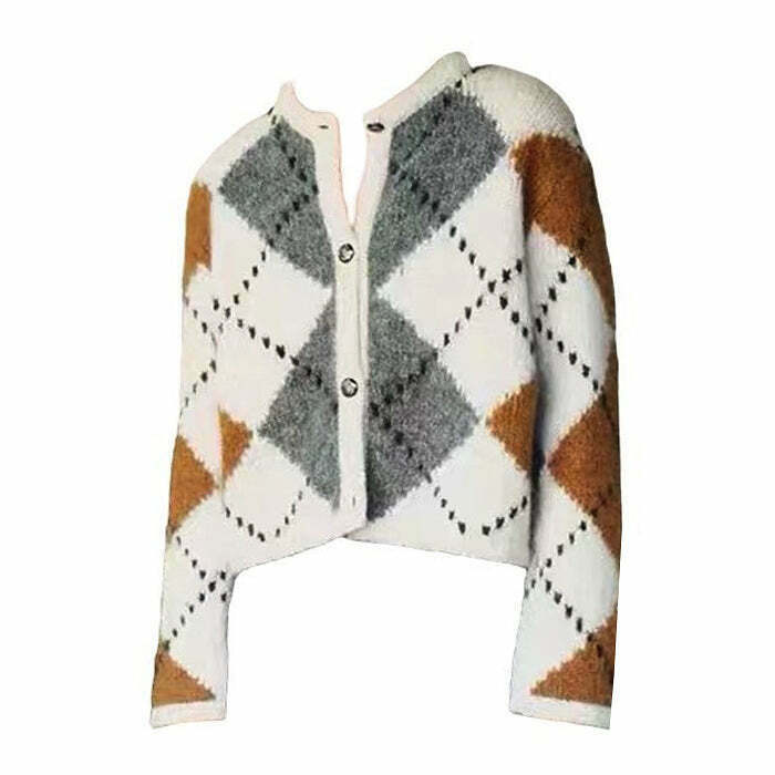 Chic Preppy Aesthetic Argyle Cardigan in Pink and Green - Trendy Coquette Style Sweater