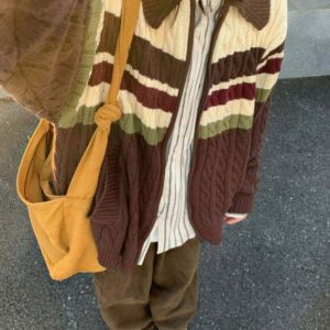 Chic Preppy Aesthetic Striped Cardigan - Stylish Brown Old Money Fashion Essential