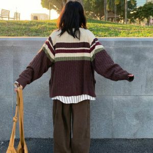 Chic Preppy Aesthetic Striped Cardigan - Stylish Brown Old Money Fashion Essential