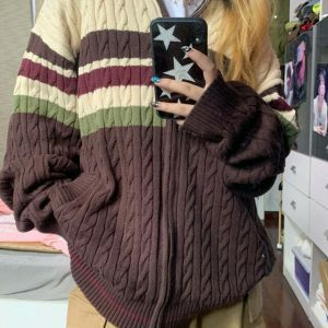 Chic Preppy Aesthetic Striped Cardigan - Stylish Brown Old Money Fashion Essential