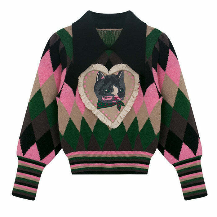 Chic Preppy Cat Argyle Collar Jumper - Stylish Cat Sweater for Trendy Fashion Lovers